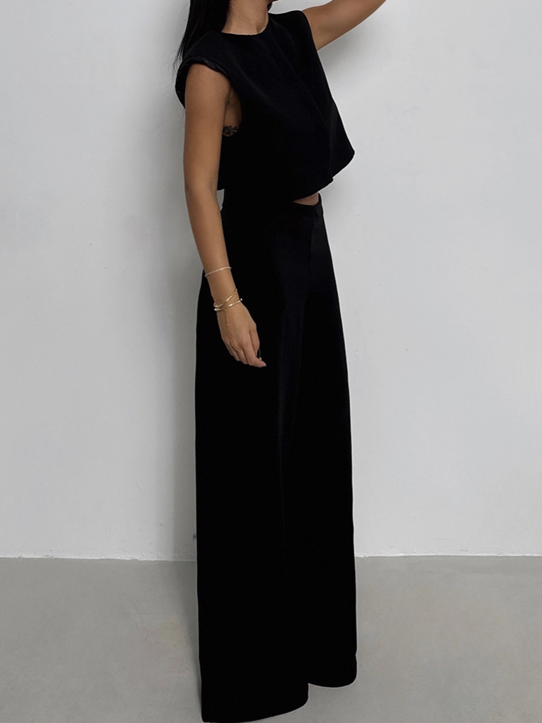 Conjunto versátil de colete e calças de perna larga  de corte impecável. perfeito para qualquer ocasião  