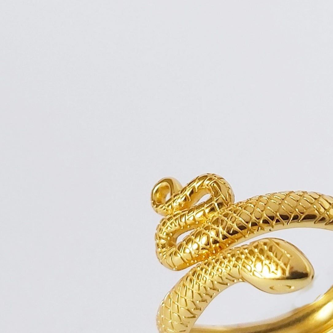 anel em formato de cobra em prata de lei 925 com banho de ouro  com textura. um clássico amuleto Bangaram Shop 